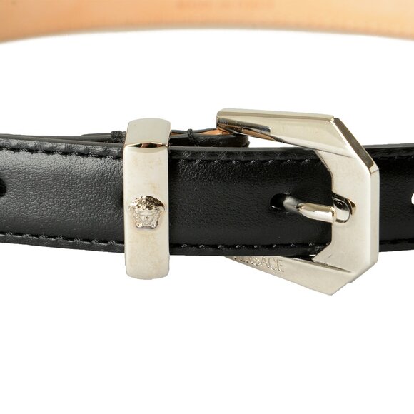Versace Black 100% Leather Silver Medusa Head Logo Decorated Belt US 24 IT 60 - Picture 3 of 4